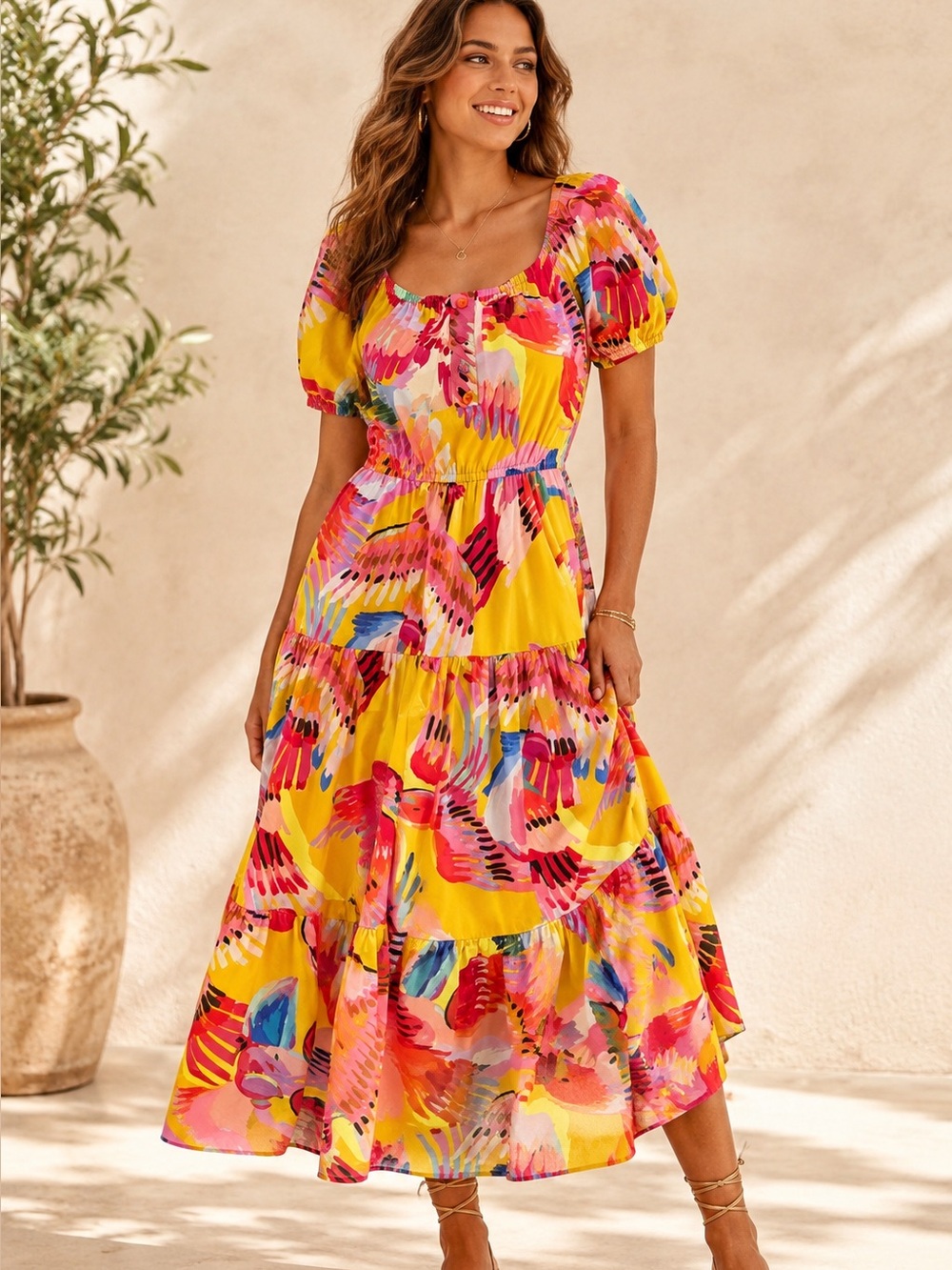 Farm Rio Yellow Tropical Bird Print Maxi Dress Puff Sleeve Tiered Boho S